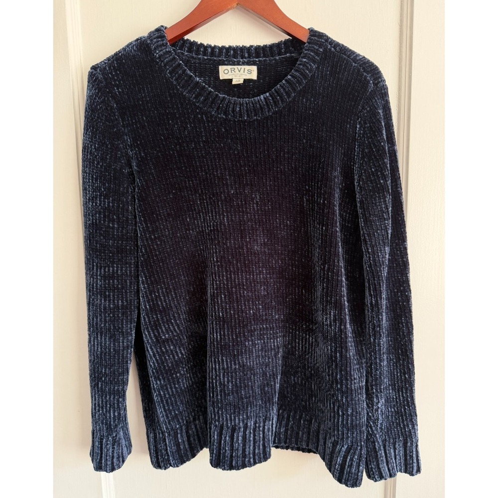Orvis Classic Collection Chenille Sweater Womens Large L Navy Blue Ribbed Knit